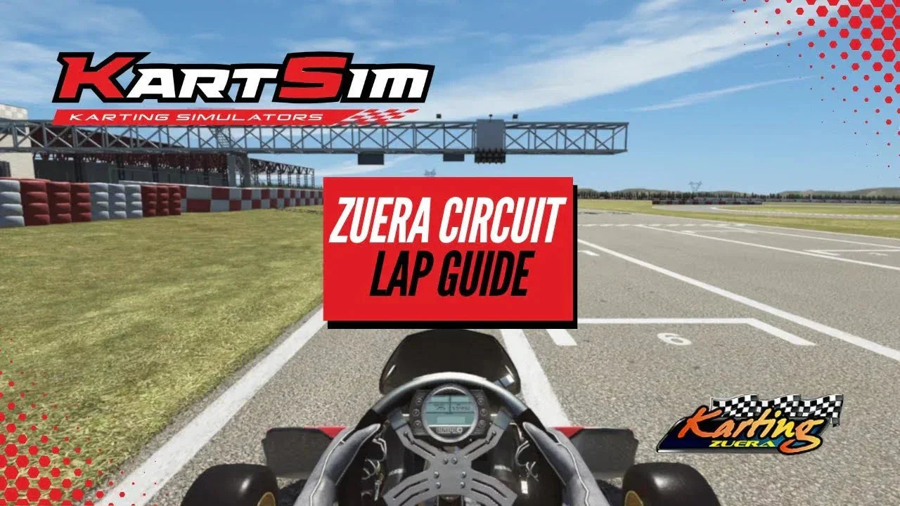 Realistic kart racing simulator cockpit view with telemetry at Zuera Circuit, track training guide overlay.