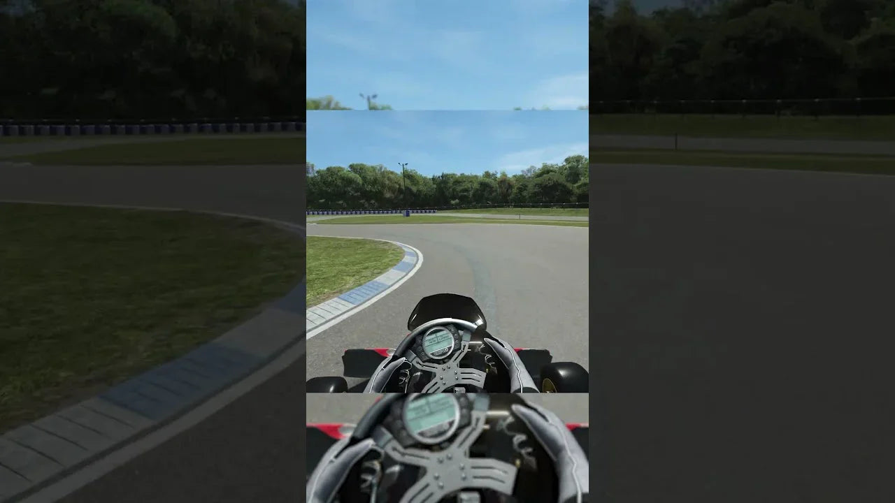 kart racing simulator first-person view showing realistic track and digital dashboard for driver training