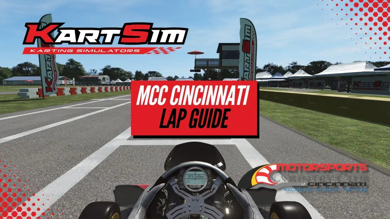 Kart racing simulator cockpit view showing MCC Cincinnati track lap guide for professional kart driver training