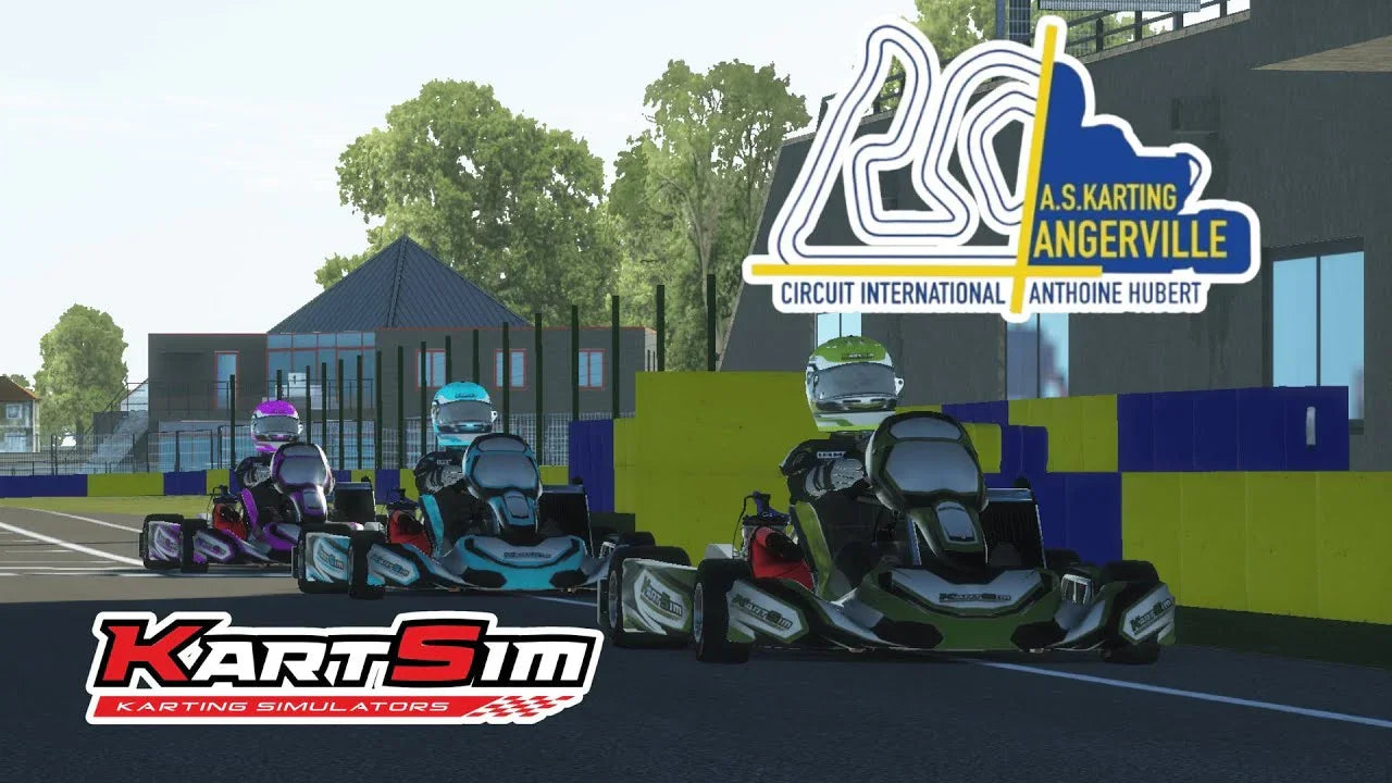 KartSim kart racing simulator software showing professional kart driver training on Angerville circuit.