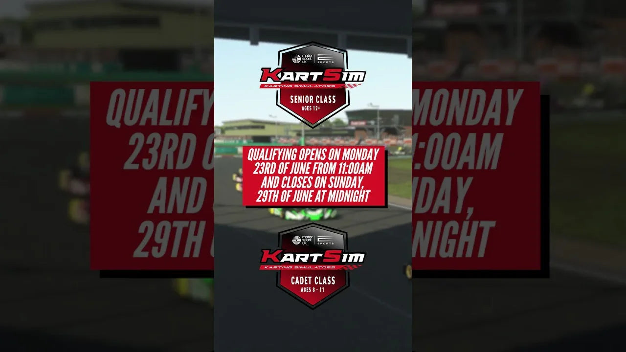 KartSim kart racing simulator event promo over realistic virtual track, senior and cadet class qualifying dates displayed.