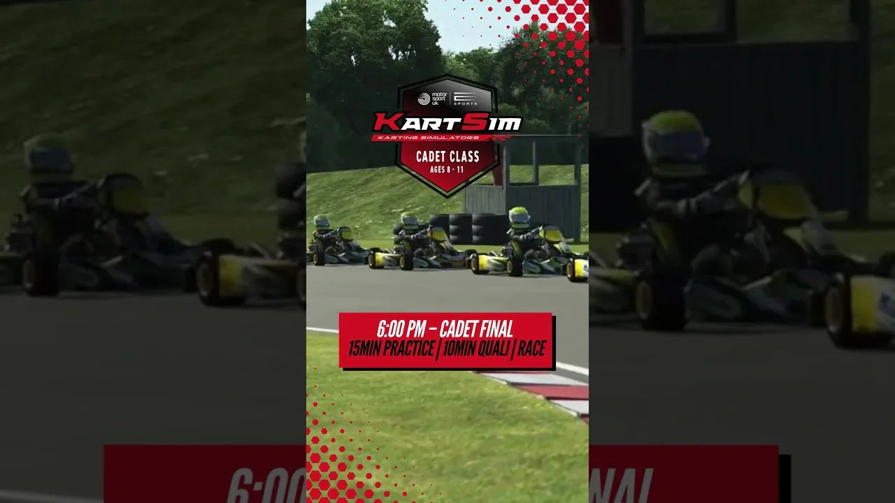 Promotional graphic for KartSim Pro UK Esports Whilton Mill Finals on 3rd September, showing karts racing side by side