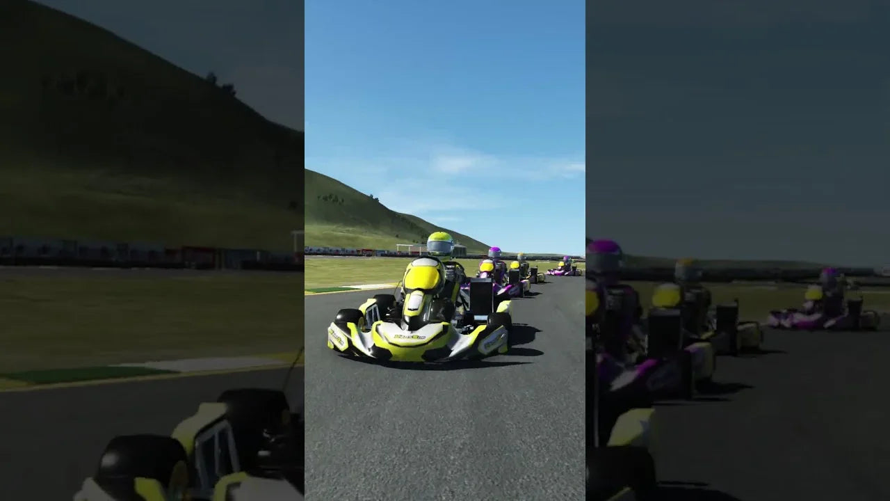 Realistic kart racing simulator software with multiple karts and drivers on a virtual track for training.