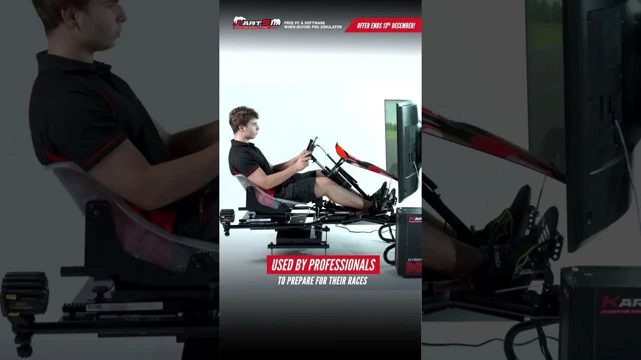 Driver training on a KartSim Pro simulator using professional karting hardware and realistic simulation software for performance development.