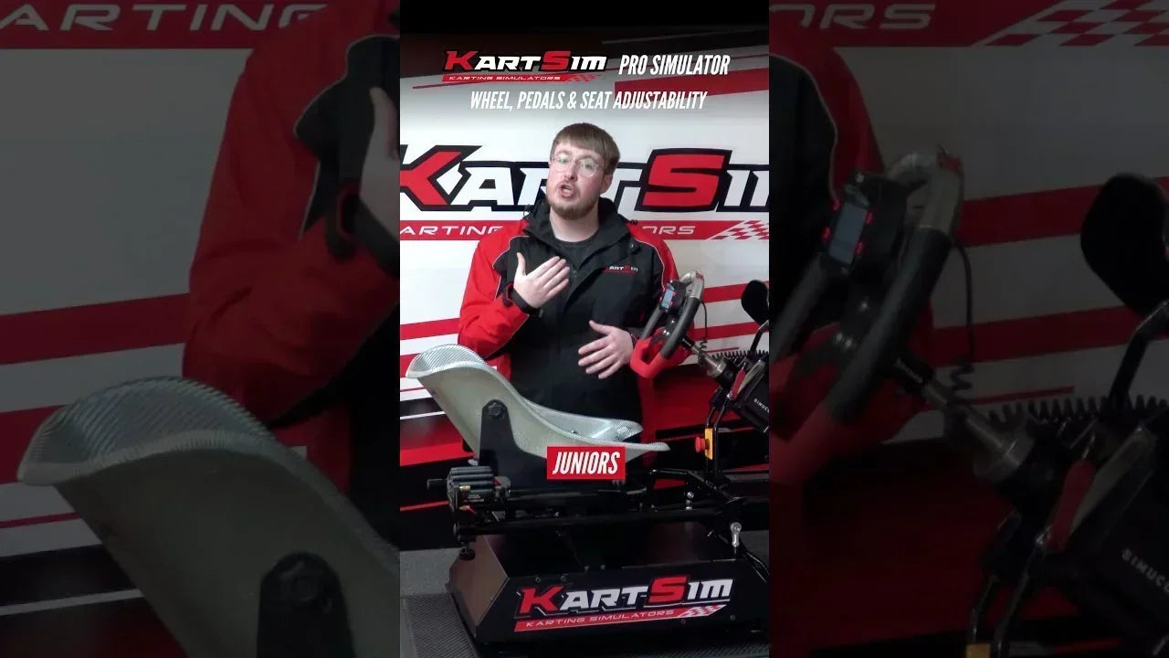 Driver adjusting seat and steering position on a KartSim Pro realistic kart simulator for training optimisation.
