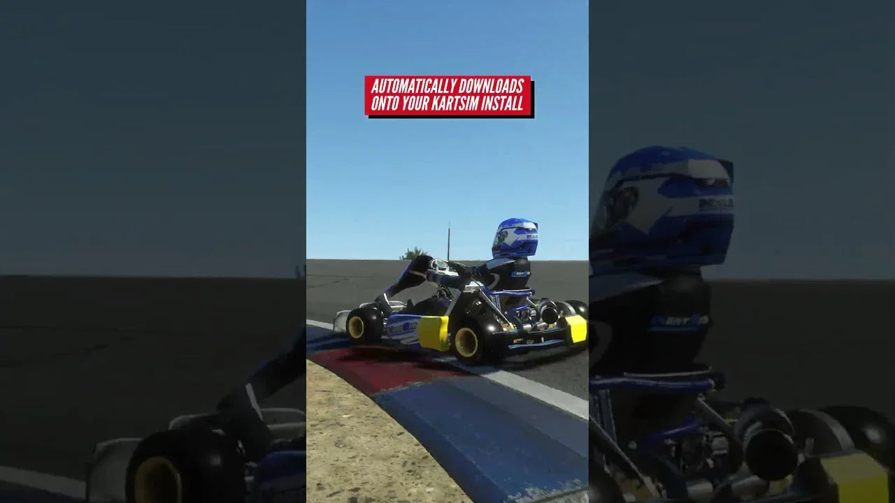 Kart driver in racing position using professional kart racing simulator on realistic track environment
