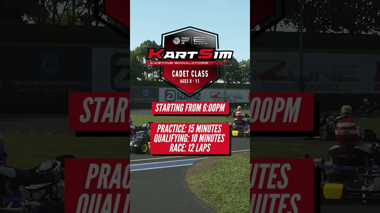 Kart racing simulator cadet class event promotion with kart driver avatars on a realistic track