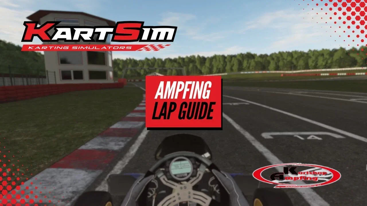 Realistic kart racing simulator training on Ampfing track with on-screen telemetry and lap guide.