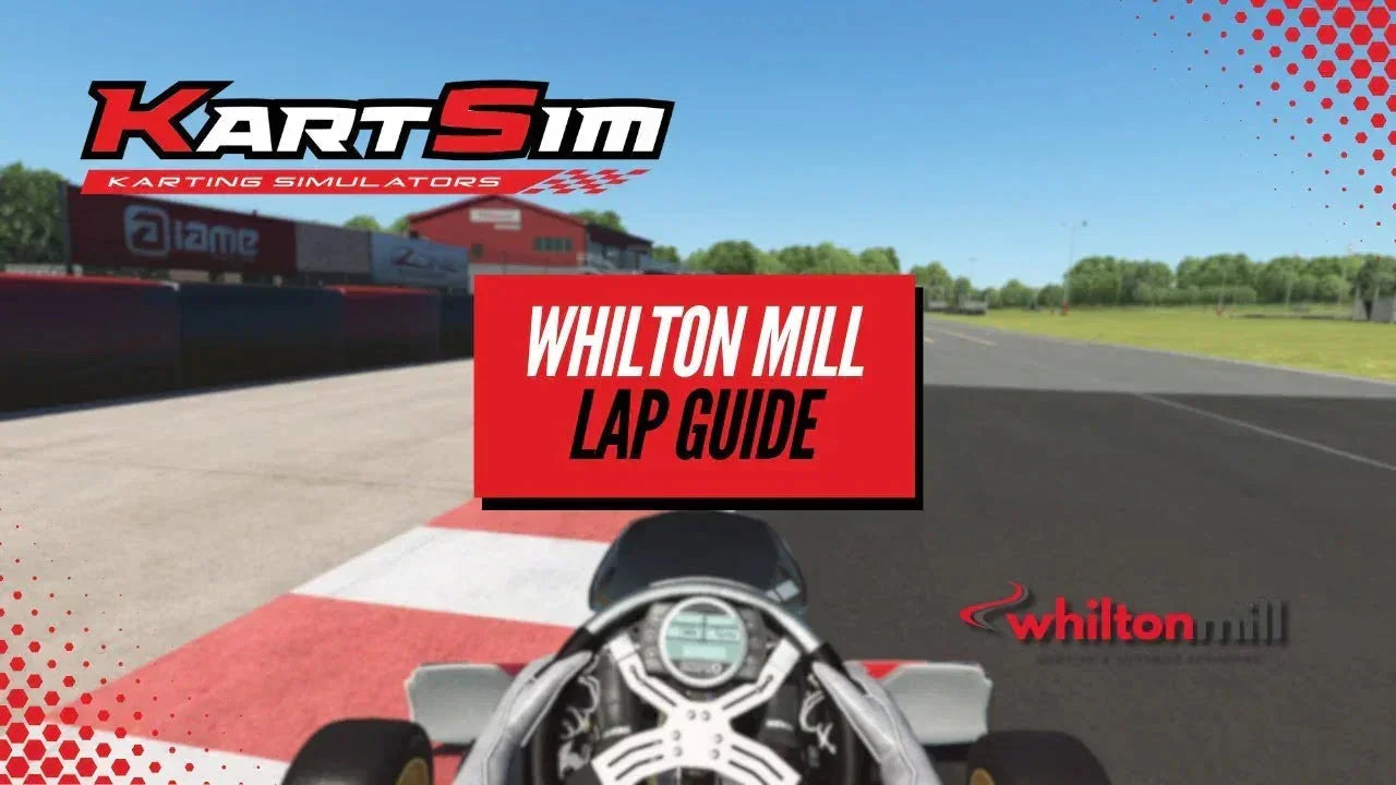 Kart simulator cockpit view with racing wheel and digital display on realistic Whitton Mill track lap guide.