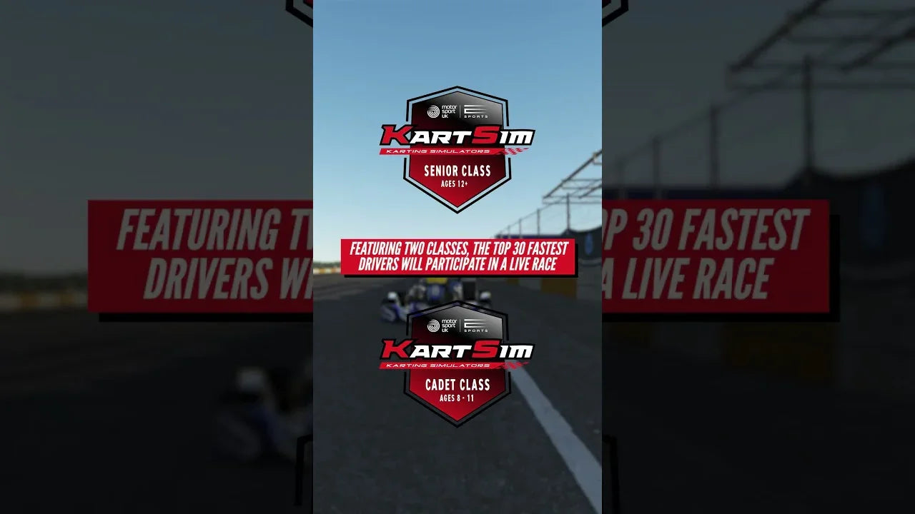 KartSim Pro UK Esports Championship 2025 promotional graphic showing Cadet and Senior class details for the sim karting competition