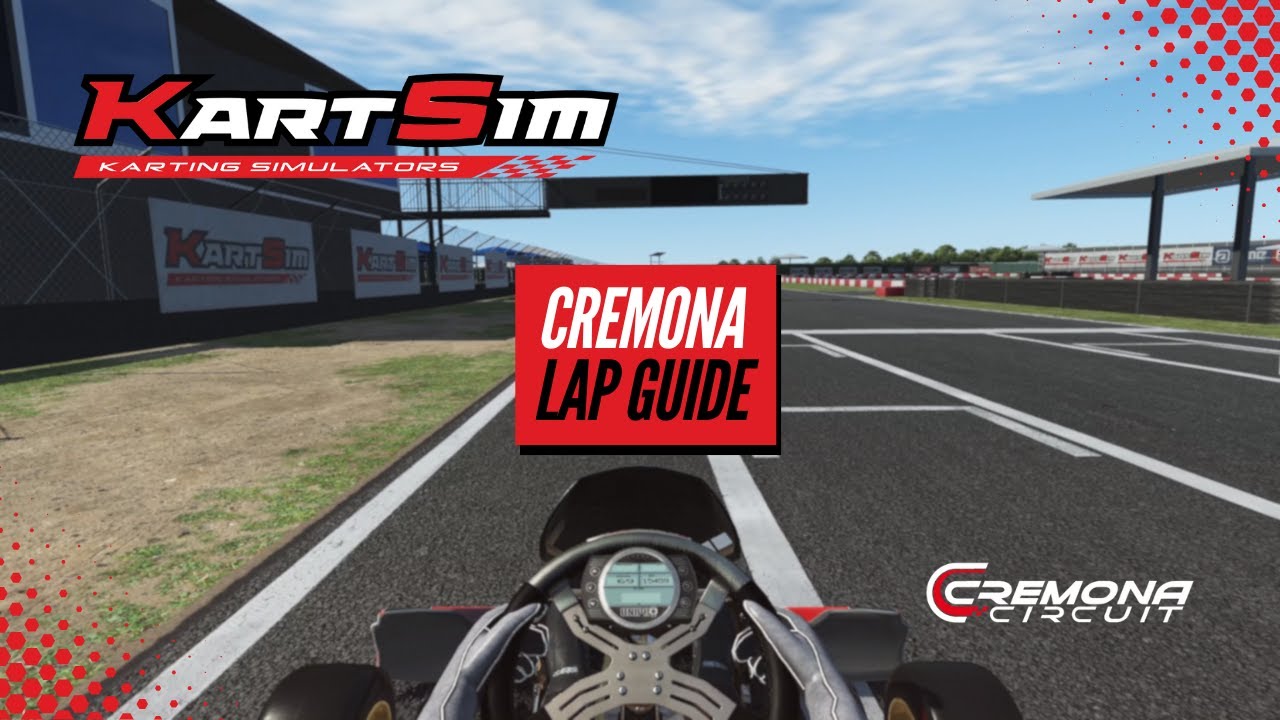Horizontal onboard view of Cremona Circuit in KartSim Pro EU Software with Joe Turney lap guide overlay