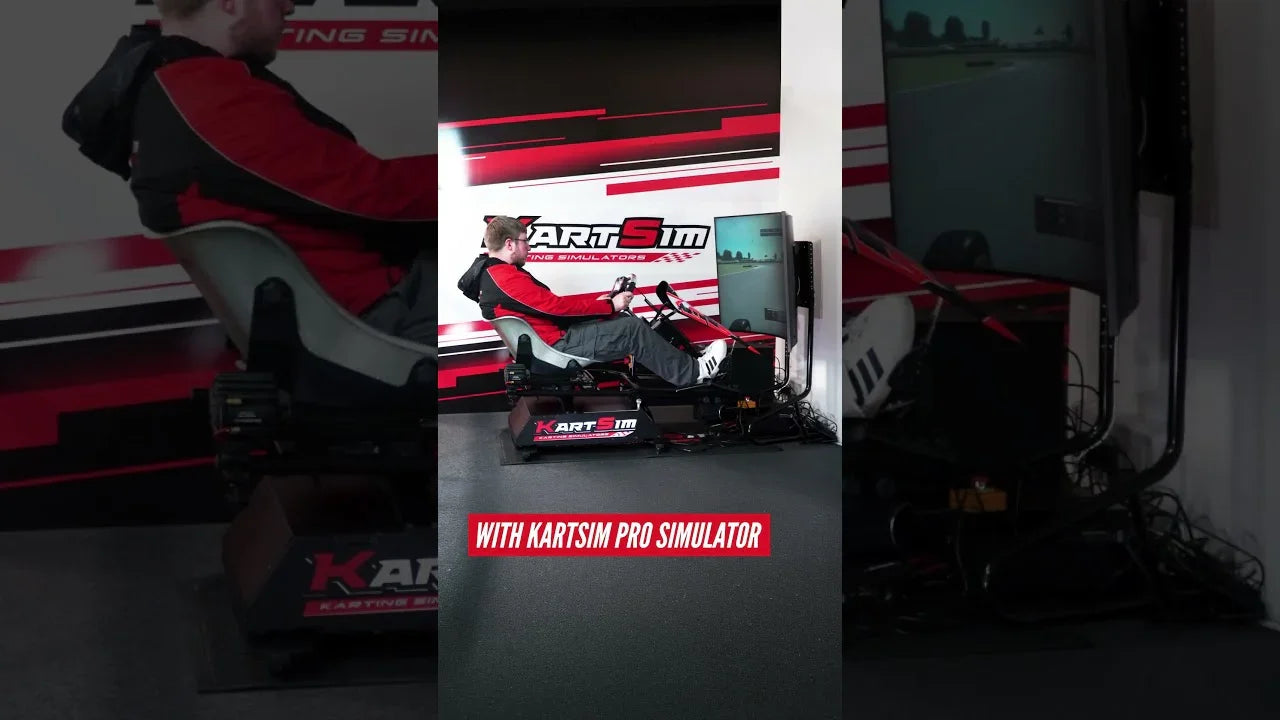 KartSim Pro simulator with driver in racing posture, professional karting training setup for performance