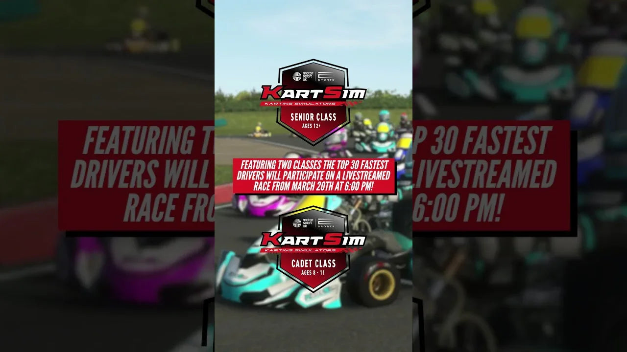 Esports karting event promotion showing KartSim racing simulators and professional kart drivers on track.