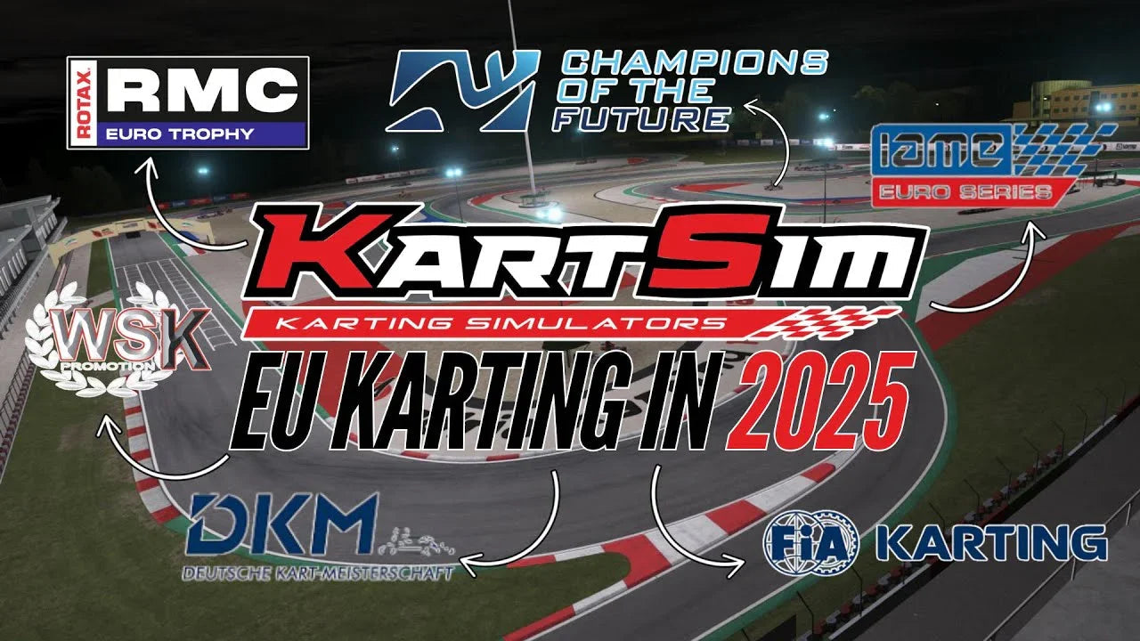 Realistic kart racing simulator interface showing European karting tracks and major championship logos.