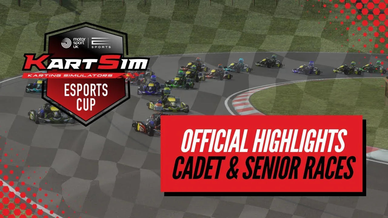 Highlight reel from the KartSim Esports Cup 2025 Finals featuring cadet and senior class battles using realistic kart simulator software.