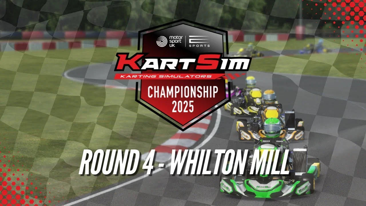Promotional banner for KartSim Esports Pro UK Championship Round 4 live at Whilton Mill, showing karts racing on the grid.