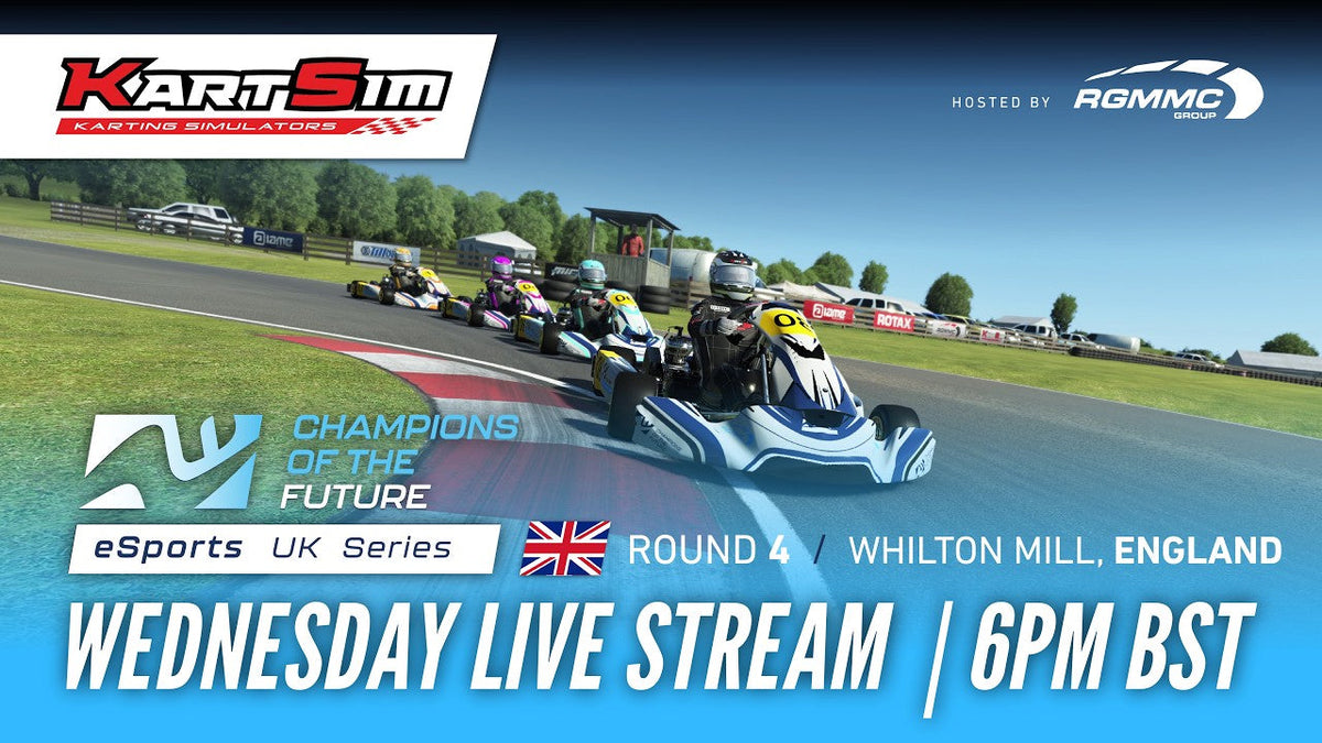 KartSim esports drivers racing on the laser-scanned Whilton Mill circuit during the Champions of the Future UK Series final.