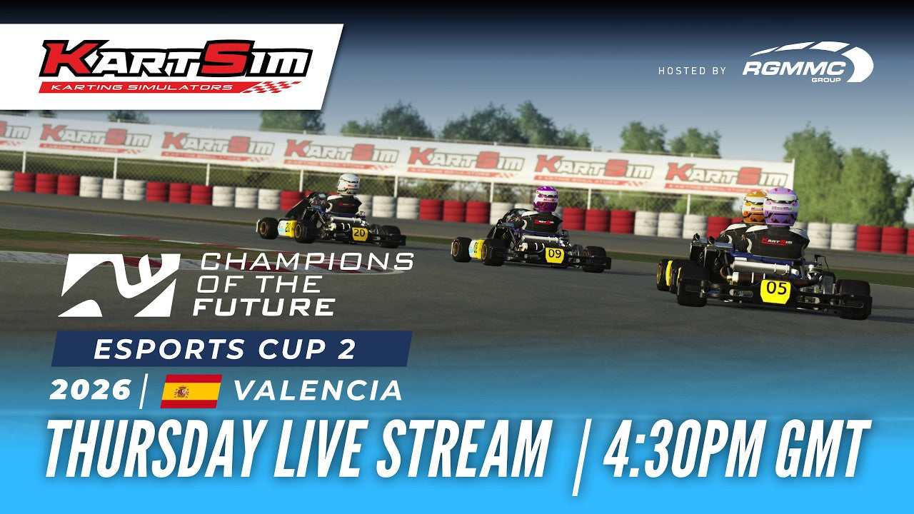 Drivers competing in the KartSim Champions of the Future Cup Finals using KartSim Pro Software realistic kart simulator environment at Valencia