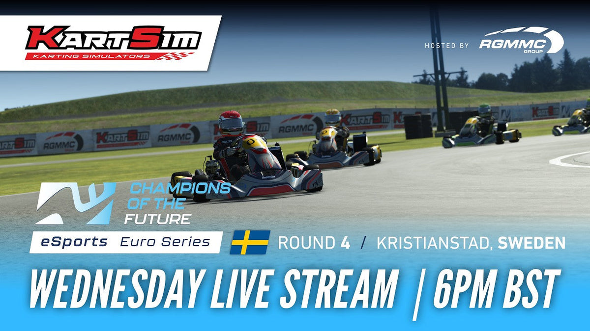 KartSim esports drivers racing on the laser-scanned Kristianstad circuit during the Champions of the Future Euro Series championship final.