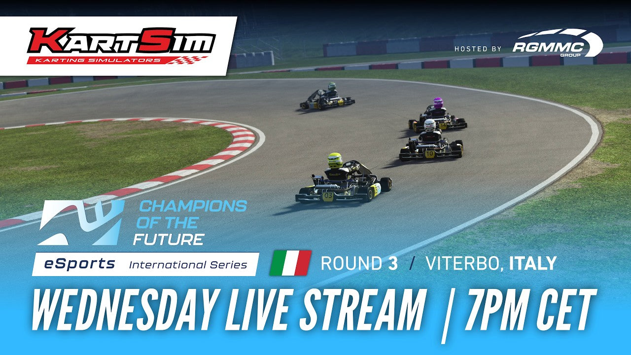 KartSim esports race on realistic Viterbo track, featuring kart racing simulators and driver training for competitive performance.