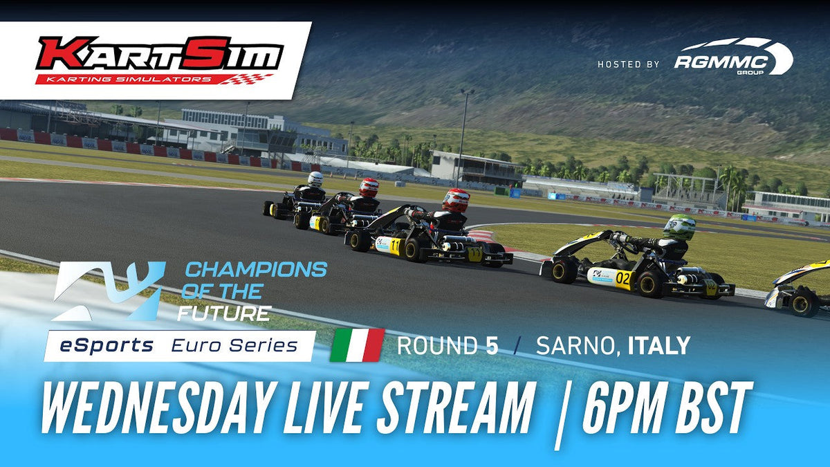 KartSim Champions of the Future Euro Series drivers racing at Sarno, Italy, using realistic simulation for professional esports competition and driver development.