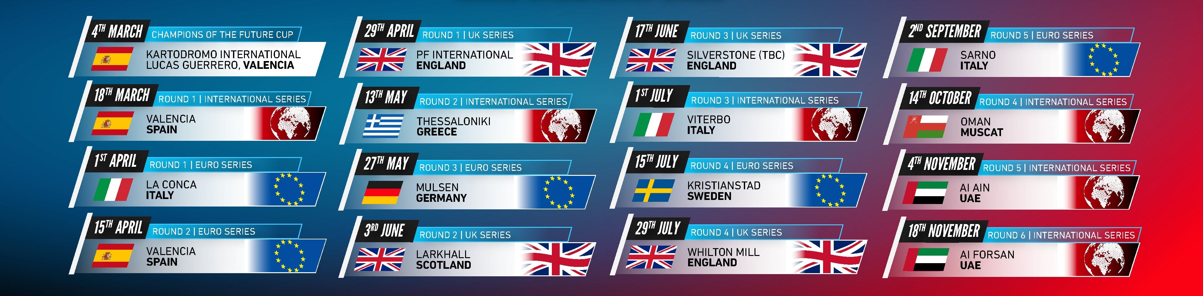 Calendar with event dates and flags on a blue and red background