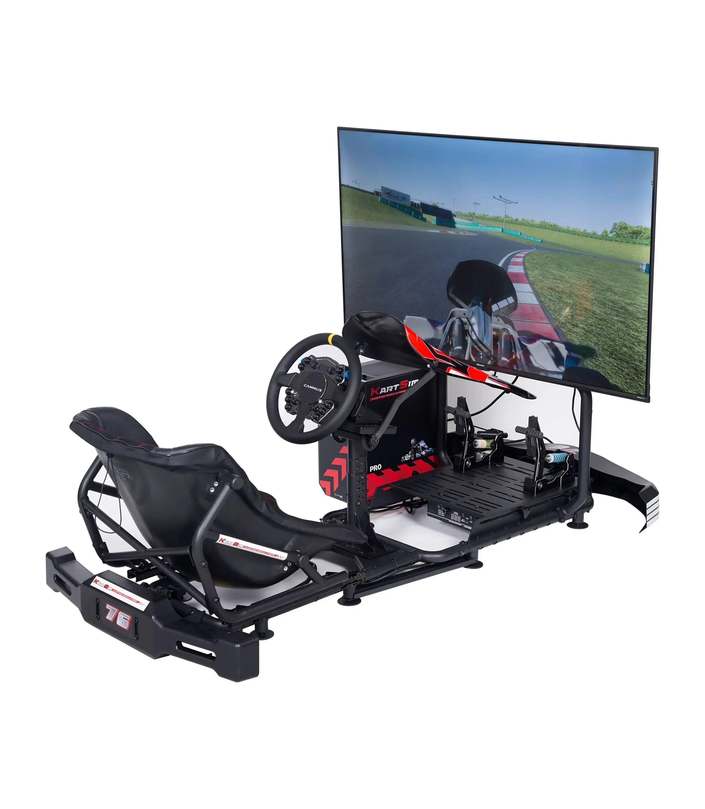KartSim Esports Plus Simulator setup featuring a full racing chassis with bucket seat, high-end steering system, pedal assembly, and a 50" 120Hz curved display showing in-game kart racing—designed for immersive professional simulation.