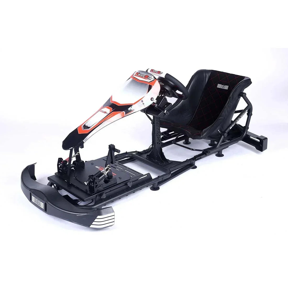 KartSim Esports racing simulator chassis featuring a sleek black frame, cushioned seat with red stitching, and realistic kart bodywork including a front bumper, steering wheel mount, and pedal base—engineered for competitive e-racing performance.