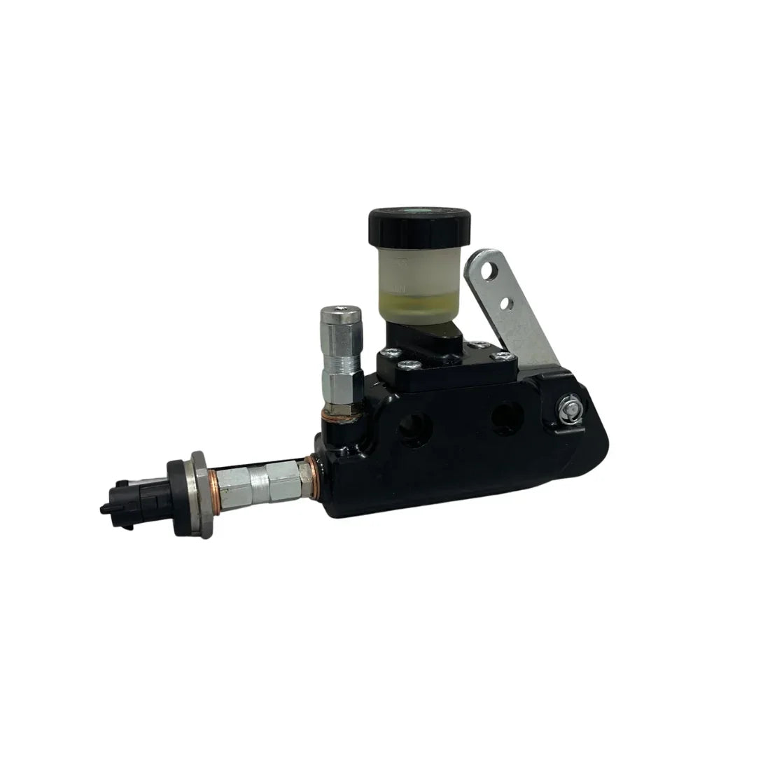 Professional kart simulator brake master cylinder with fluid reservoir and mounting bracket for realistic karting training setup.