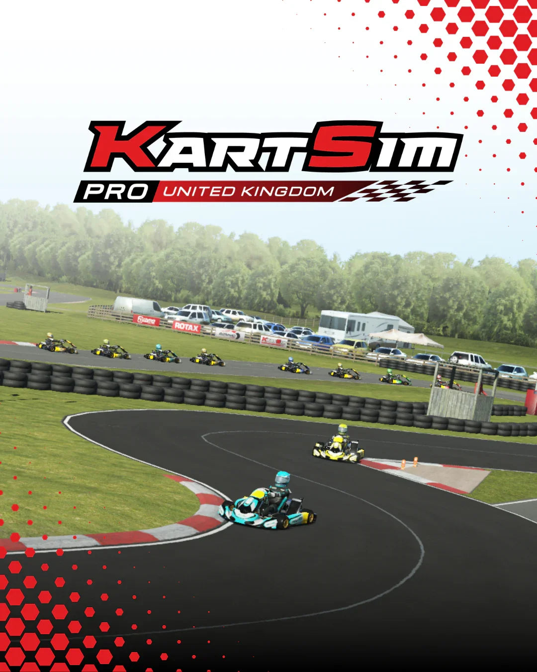 Professional kart racing simulator software interface with detailed track and multiple racing karts in action.