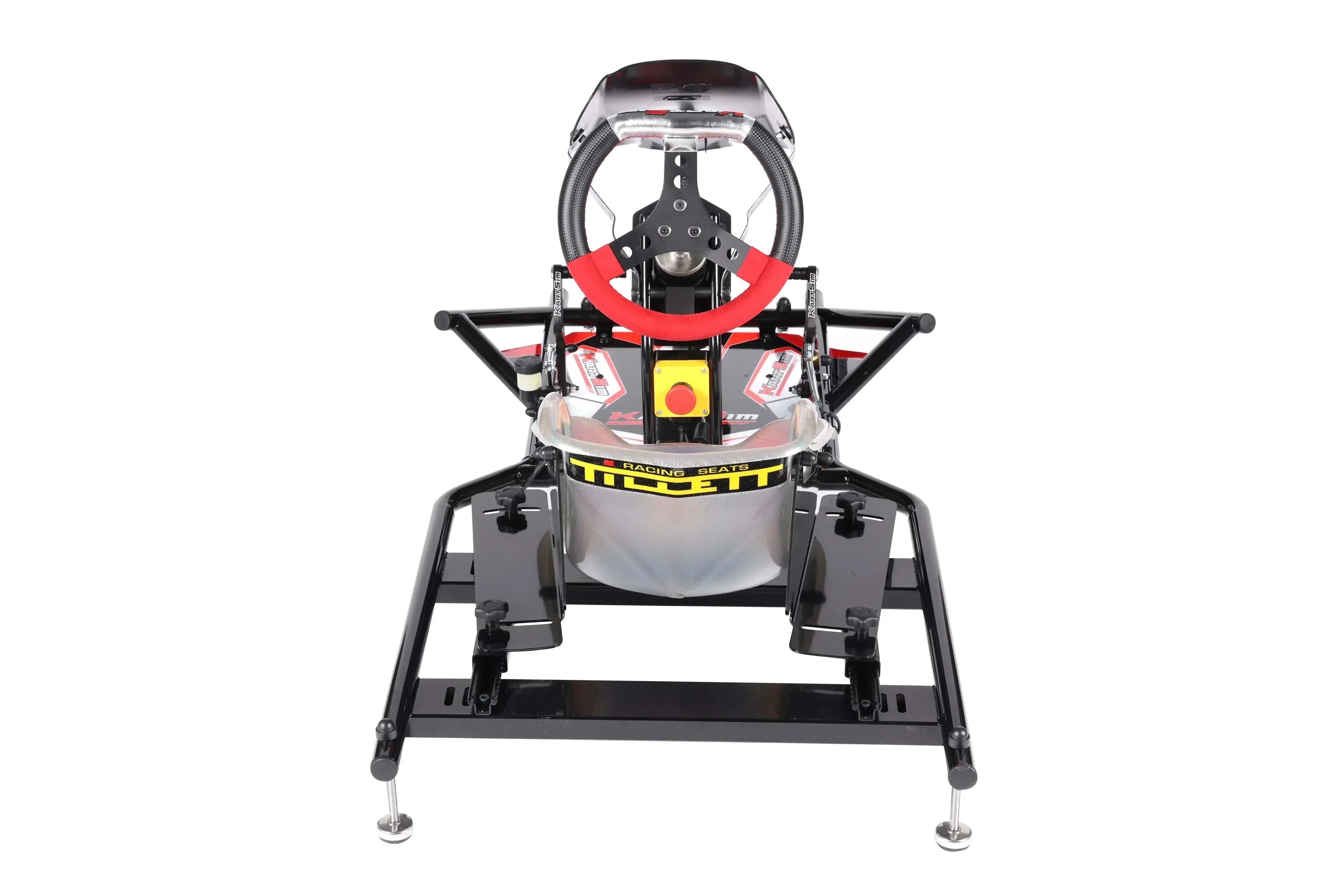 Back view of a KartSim racing simulator chassis with a Tillett seat, racing wheel, and pedal base, designed for single monitor setups.