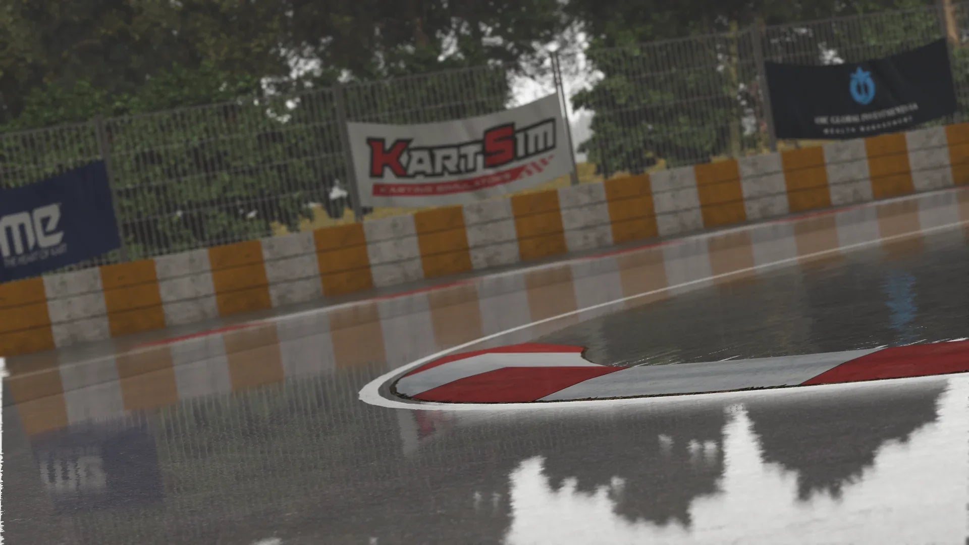 KartSim – Wet corner at Kimbolton with red‑white kerbs and reflective tarmac illustrating realistic rain physics.