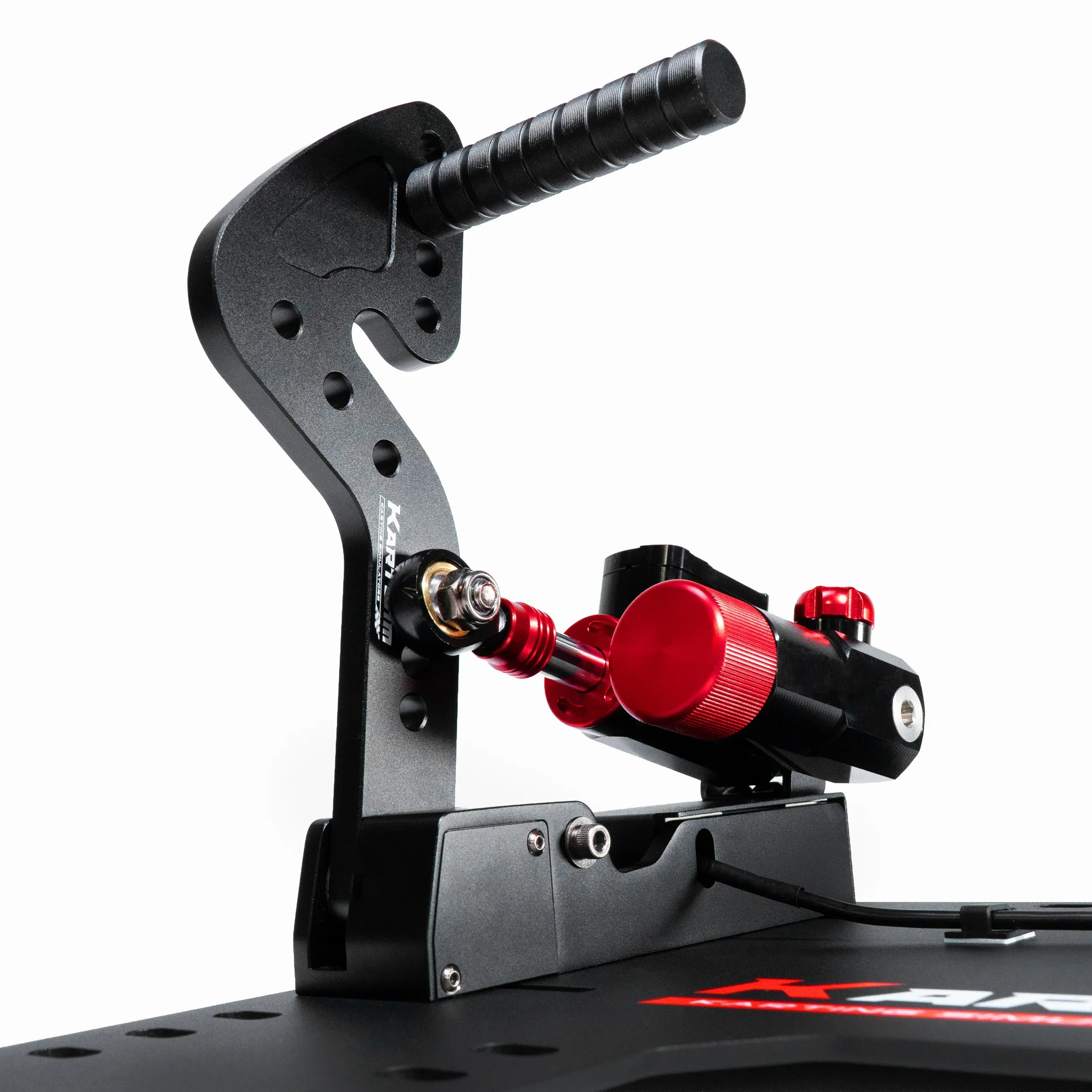 Adjustable KartSim simulator shifter with red knob and ergonomic handle for professional kart driver training.