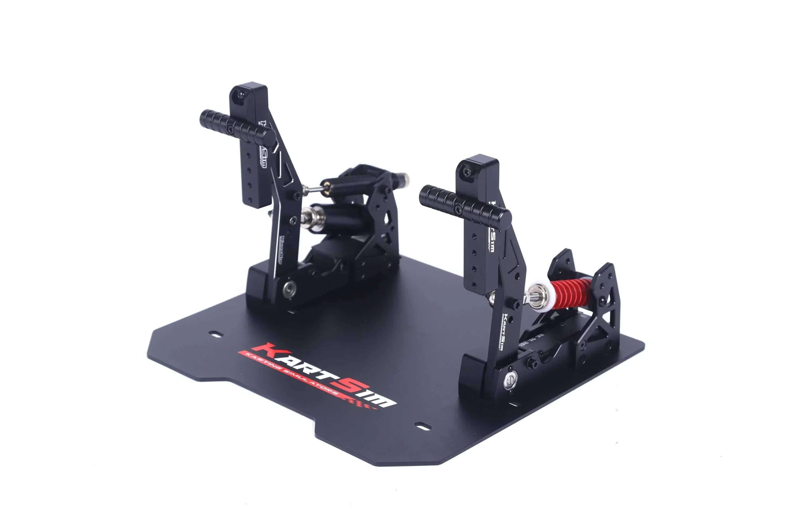 A pair of high-precision KartSim eSports sim racing pedals mounted on a black metal baseplate, featuring load cell technology for realistic brake and throttle feedback.