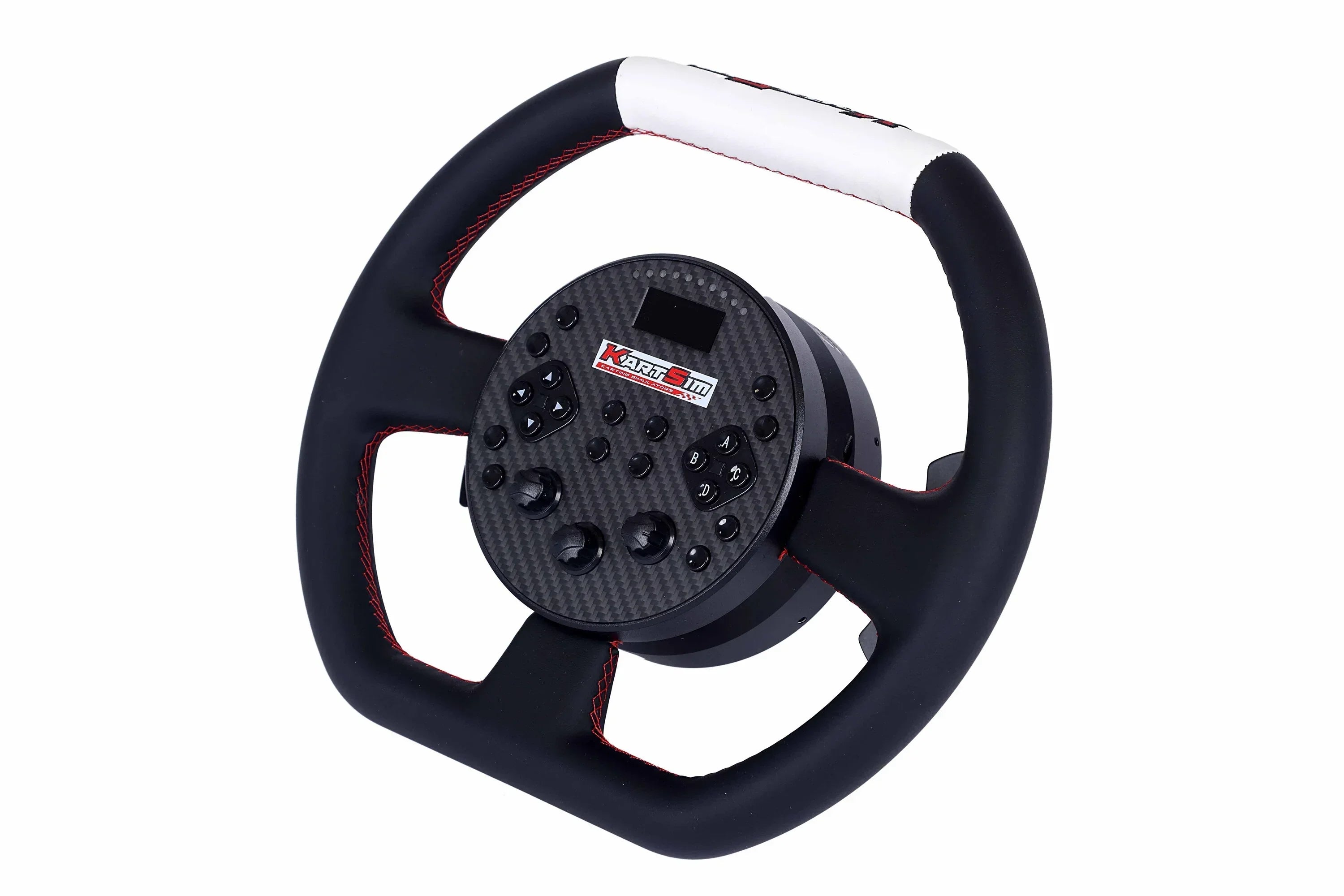 Full view of the KartSim eSports racing wheel featuring a carbon fiber control panel, labeled buttons, rotary dials, red stitching, and a white top grip strip.