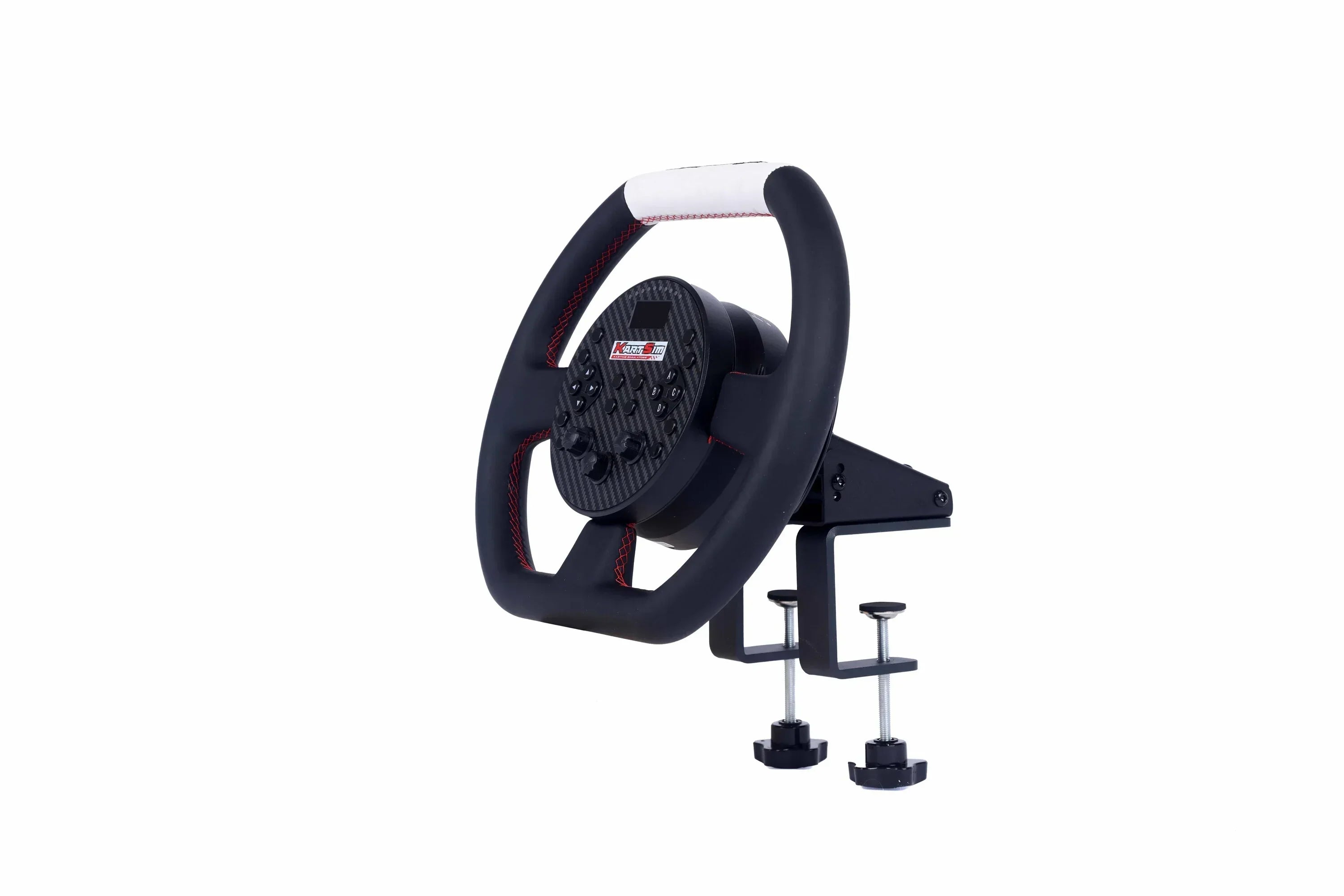 KartSim eSports racing wheel mounted with a table clamp, showing the side profile and dual tightening knobs for secure desk attachment.