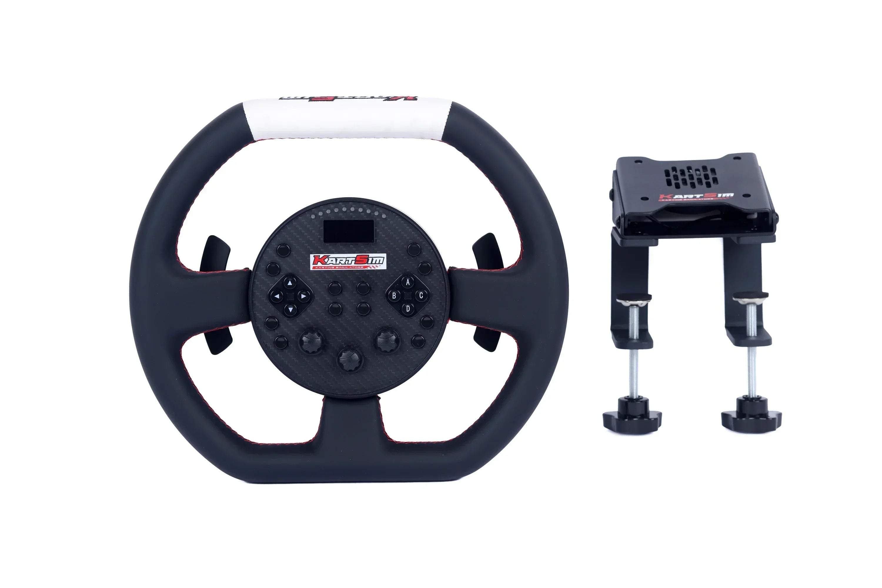 KartSim eSports racing wheel with clamp-style table mount, ideal for stable simulator setups without a full cockpit rig.