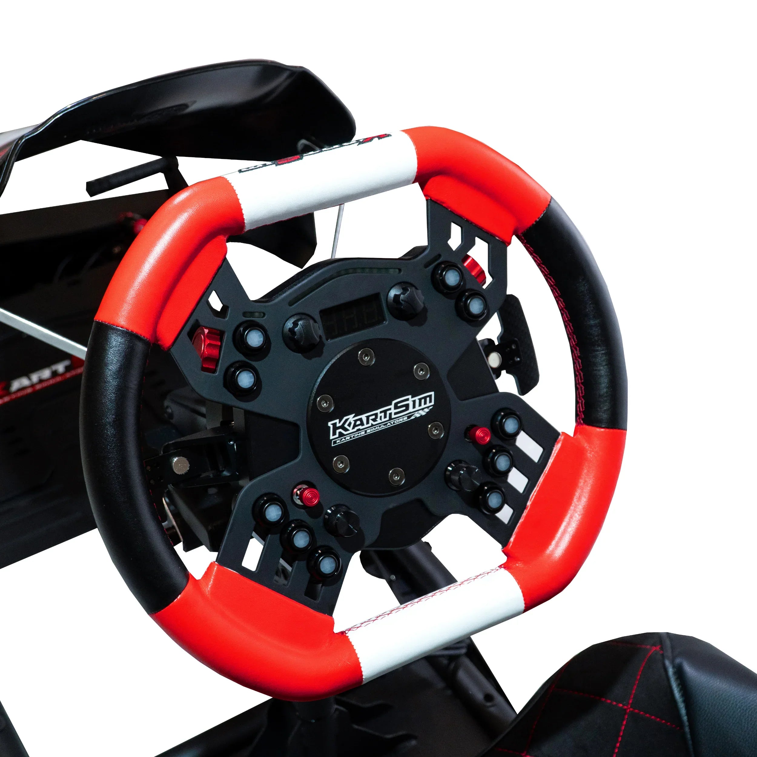 KartSim professional kart simulator steering wheel with red and black grip, buttons, and telemetry display for driver training