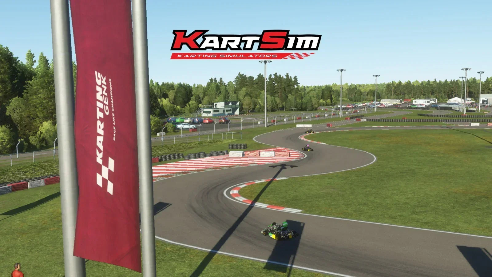 KartSim Pro EU software showing a virtual kart racing on a European circuit with trackside branding and lush green surroundings, captured mid-corner.