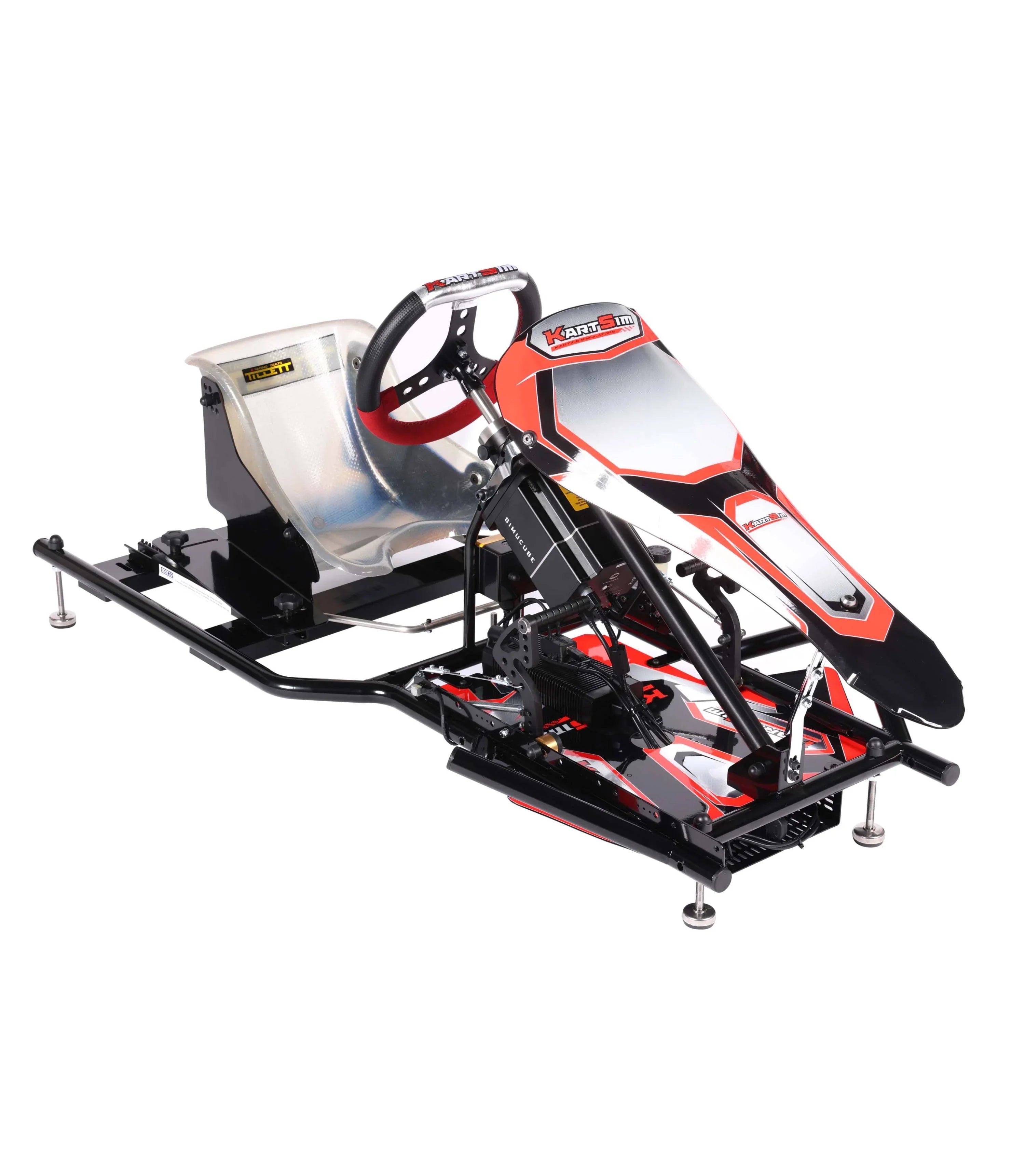 KartSim Pro simulator chassis for kart racing, featuring a full KZ body kit, racing seat, adjustable pedal mount, manual gear shifter and detailed kart bodywork with red, black, and silver accents, designed for advanced racing simulation realism.