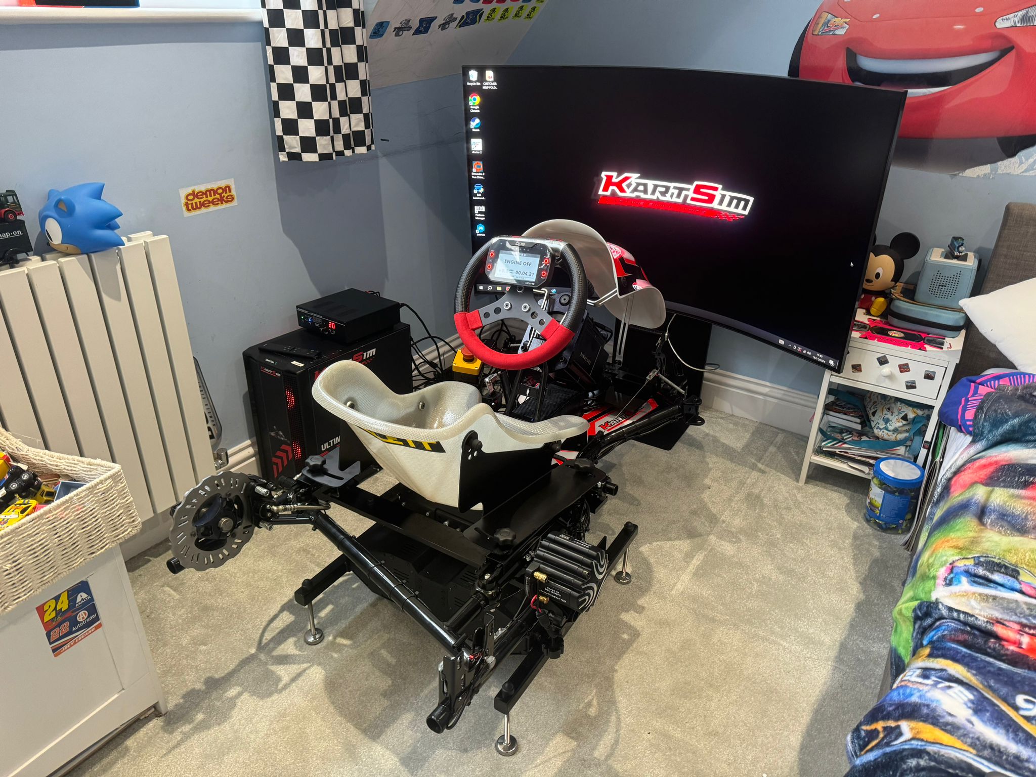 KartSim Pro Simulator installed in a child’s bedroom, combining karting realism with at-home training potential.