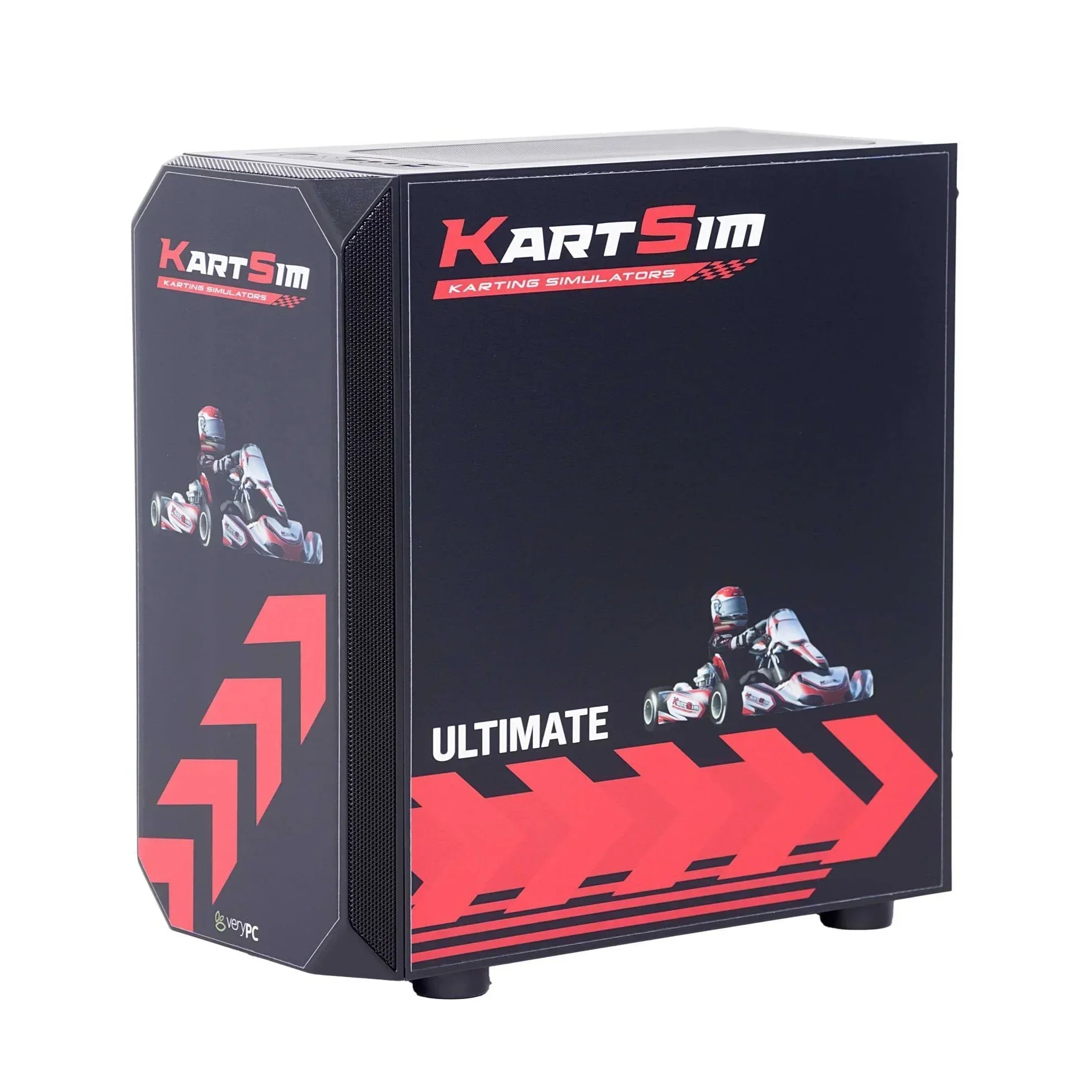 KartSim Ultimate Gaming PC featuring custom black and red kart-themed graphics, bold chevron design, and racing imagery on the side panel.