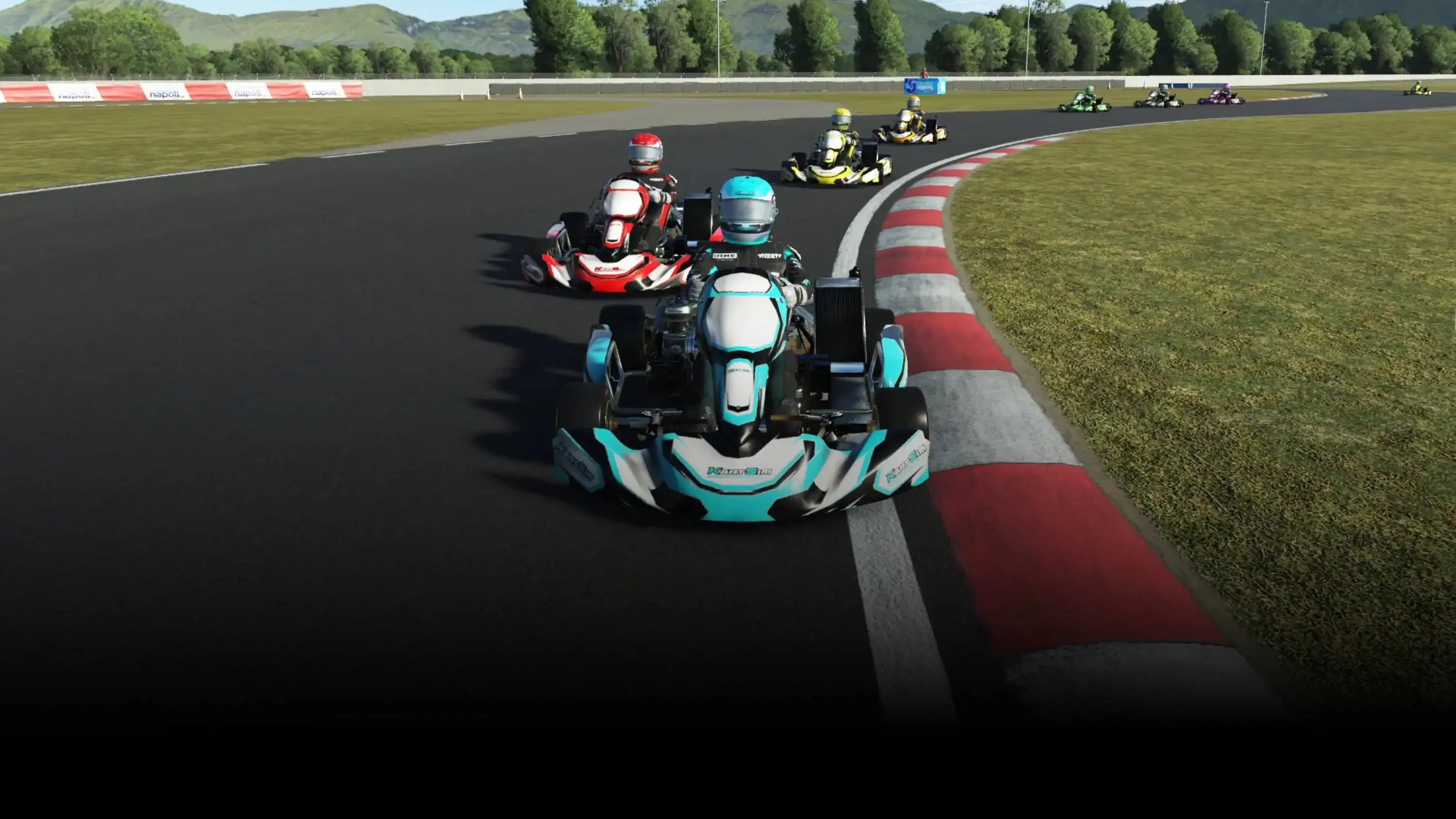 KartSim Pro racing simulator software with laser-scanned track and professional kart models competing in a race.