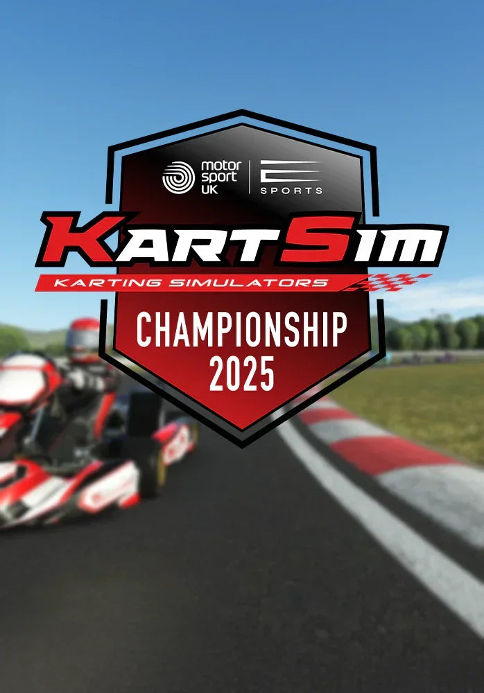KartSim Esports Championship 2025 promotional graphic with Motorsport UK and E Sports logos, featuring a kart racing scene in the background.