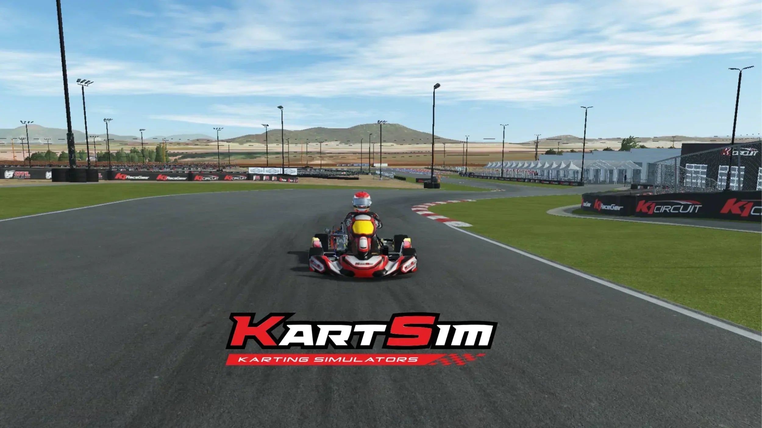 A kart racing on a simulated North American race track with the KartSim logo prominently displayed in the foreground and K1 Circuit branding visible in the background