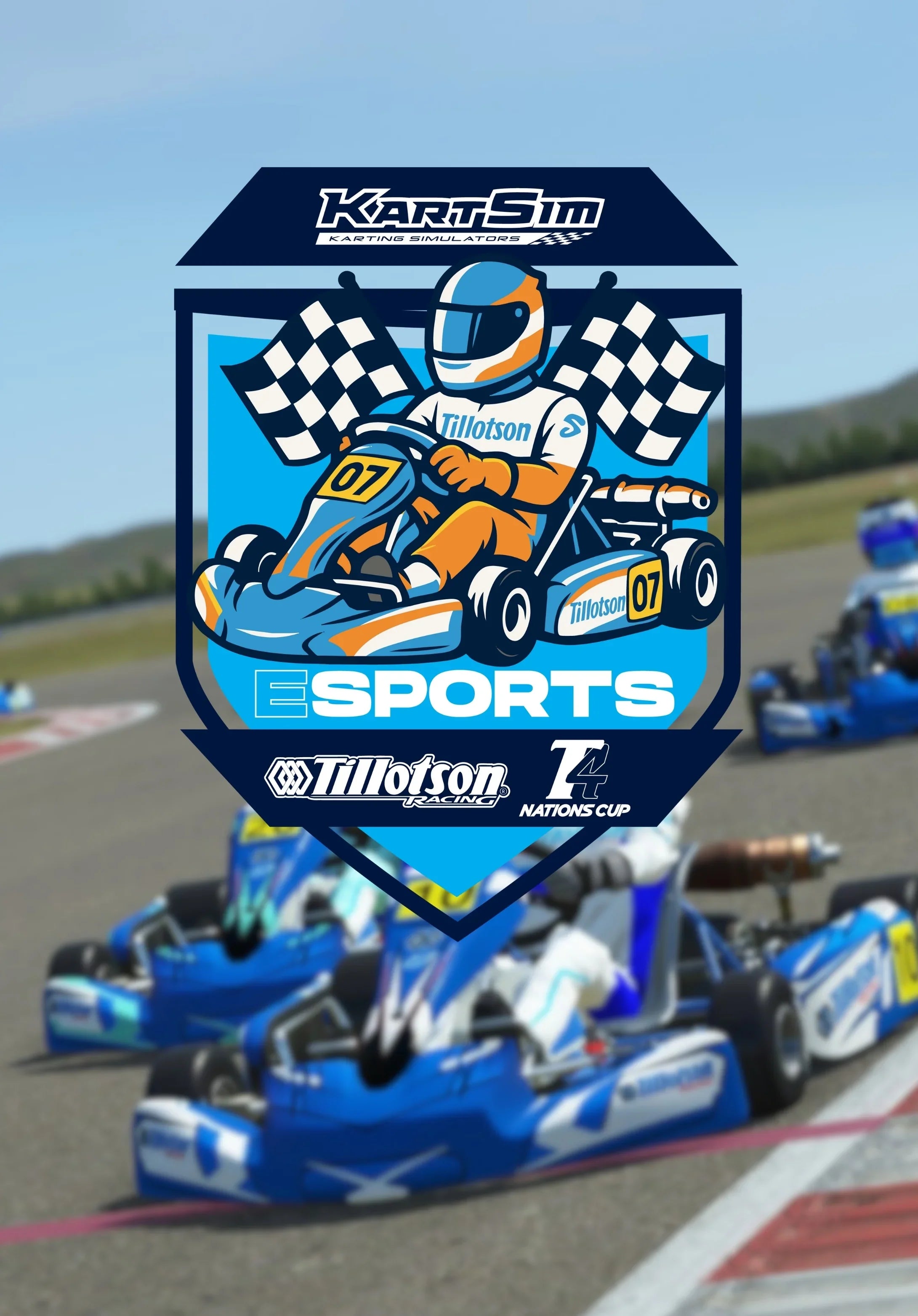 Tillotson Esports T4 Nations Cup logo overlay featuring a cartoon-style kart racer in orange and blue gear holding a checkered flag, with blue go-karts racing on a blurred circuit in the background.