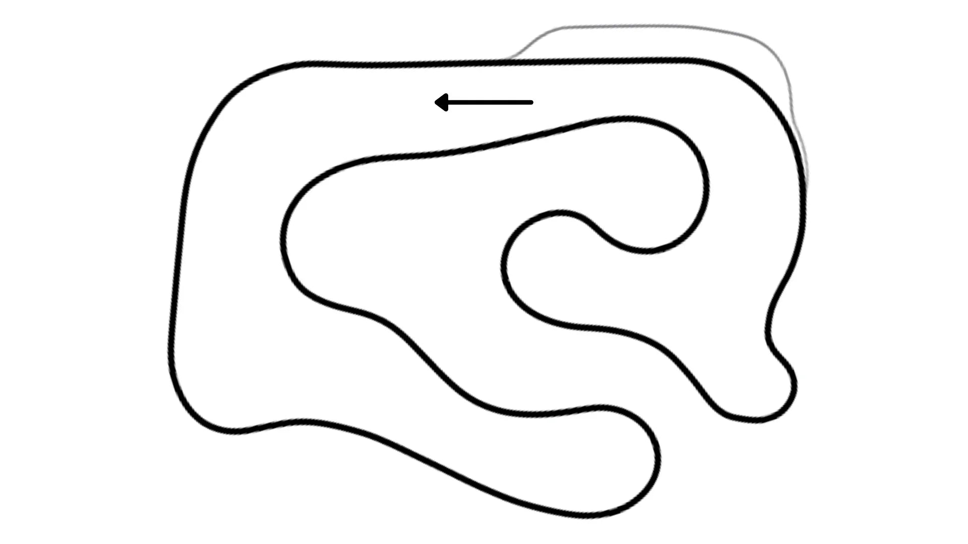 Overhead view of Hamilton kart racing track layout L1 running counter-clockwise with curves on KartSim software