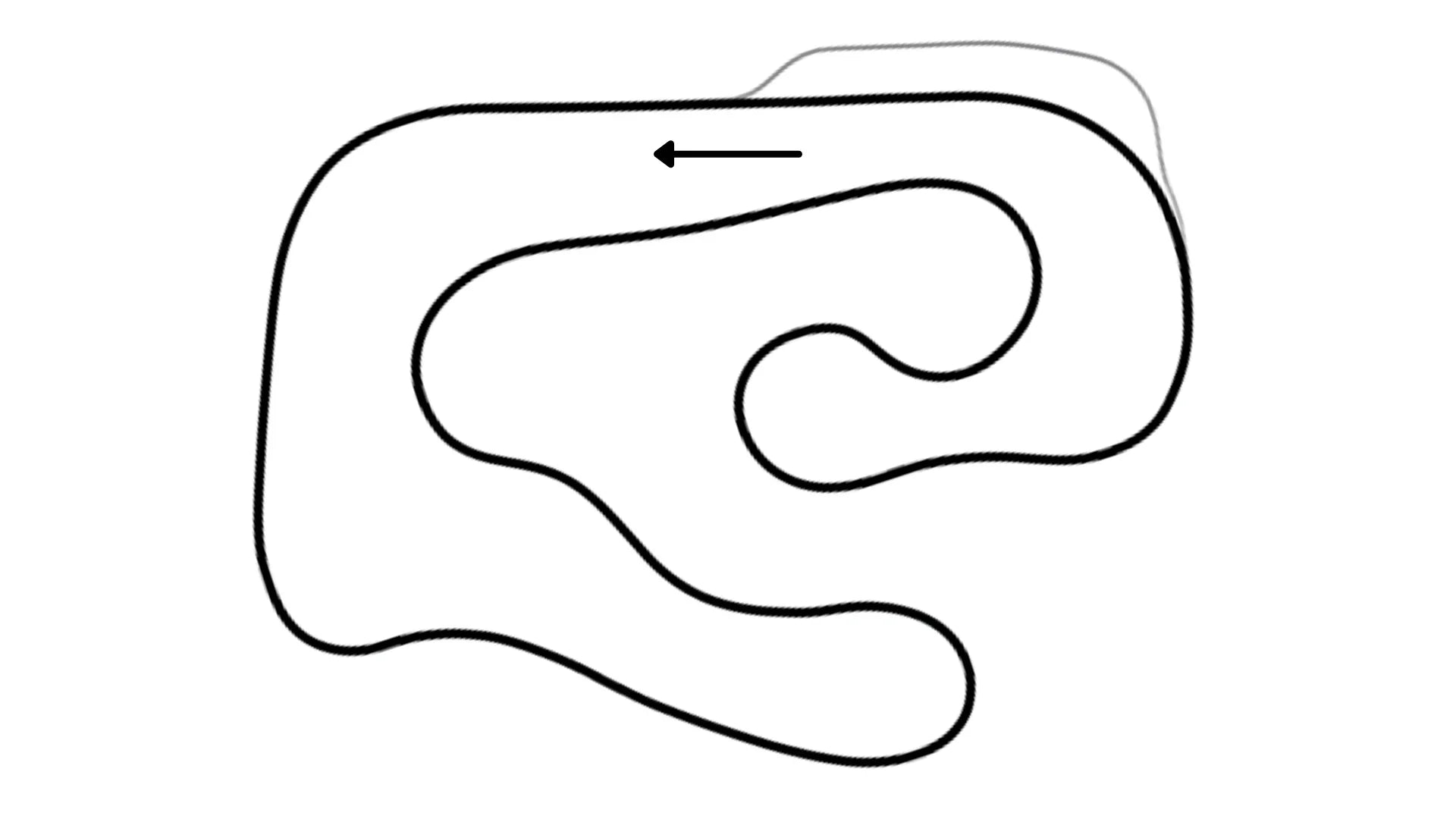 Overhead view of Hamilton kart racing track layout L2 running counter-clockwise with sharp corners and grassy surrounds