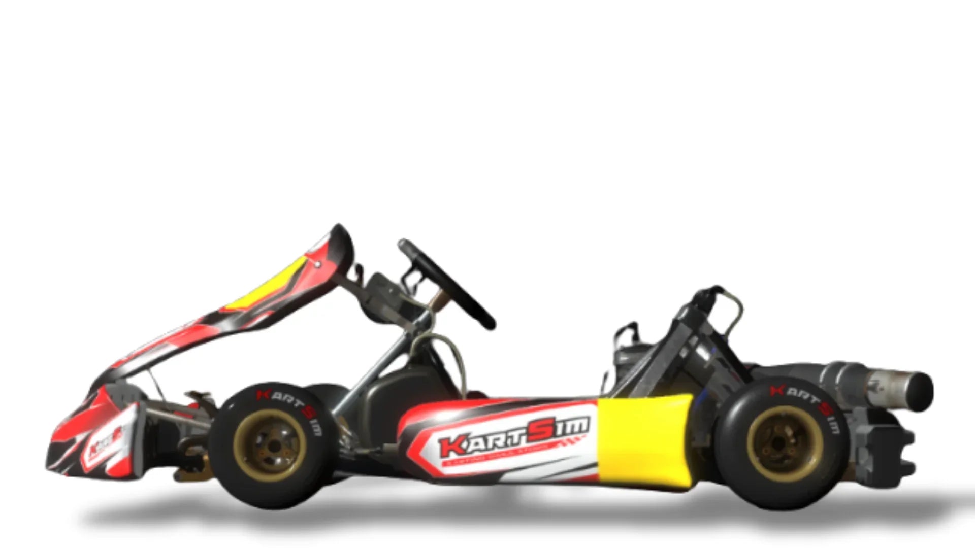 IAME X30 Senior kart — 125 cc water-cooled 2-stroke, single-cylinder reed-valve (~30 hp), electric start with centrifugal clutch (single-speed), Tillotson HW-27A diaphragm carb, left-side radiator, rear hydraulic disc brake, CIK-FIA bodywork (nose, nassau panel, side pods), senior chassis with slick tyres - on KartSim Software