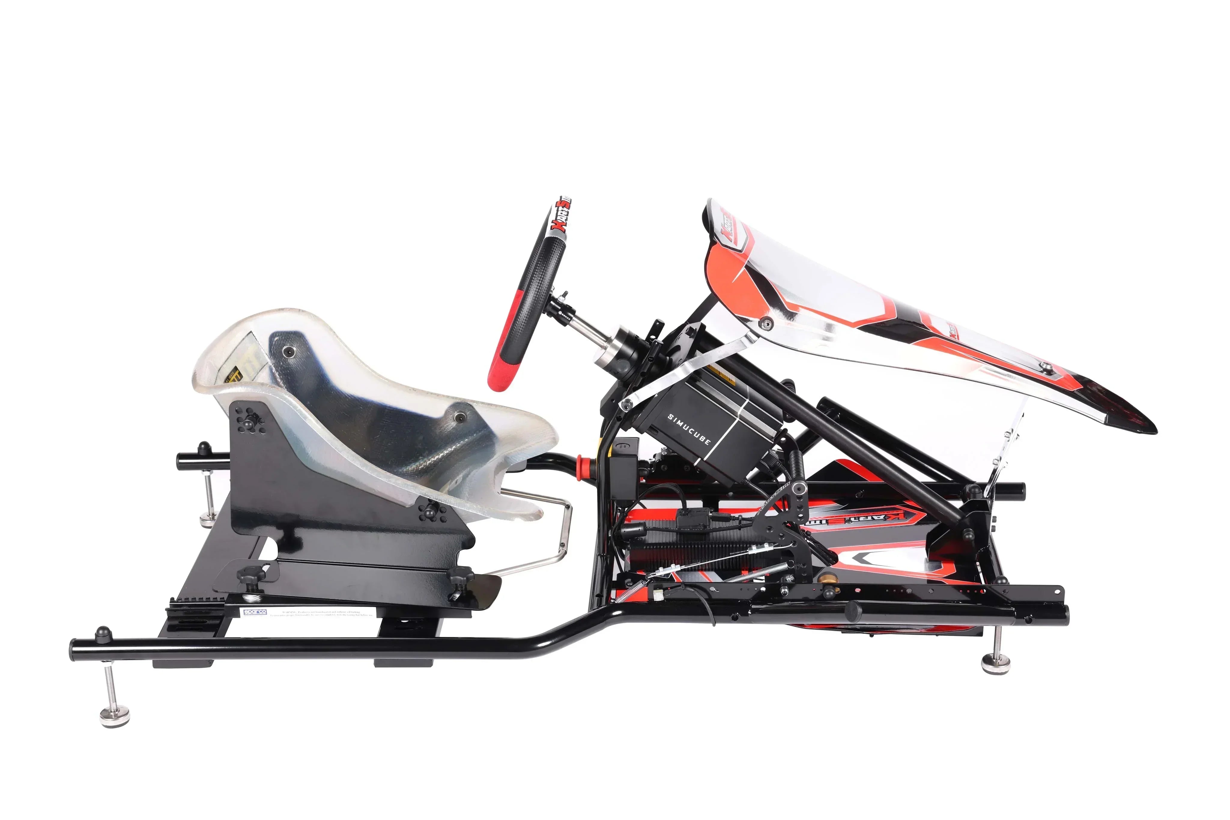 KartSim Junior Simulator – A mid-sized kart racing simulator designed for junior drivers, featuring a high-back clear bucket seat, black tubular frame, and a precision racing wheel system. Ideal for developing young racers.